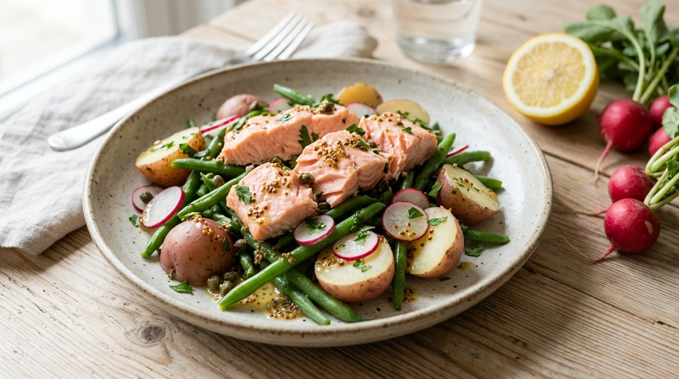Warme Salade van Sperziebonen, Aardappel en Gepocheerde Zalm