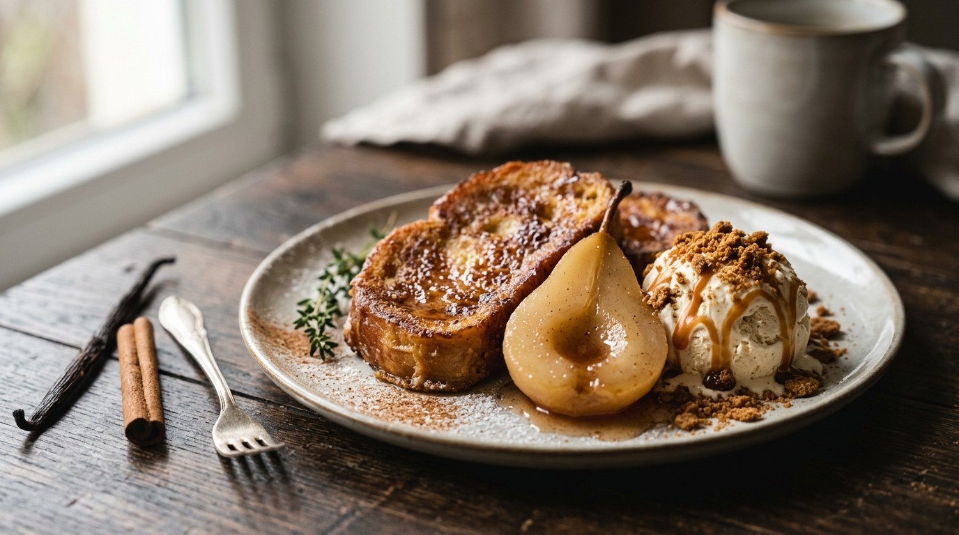 Wentelteefjes met peertjes en karamel-speculaasijs
