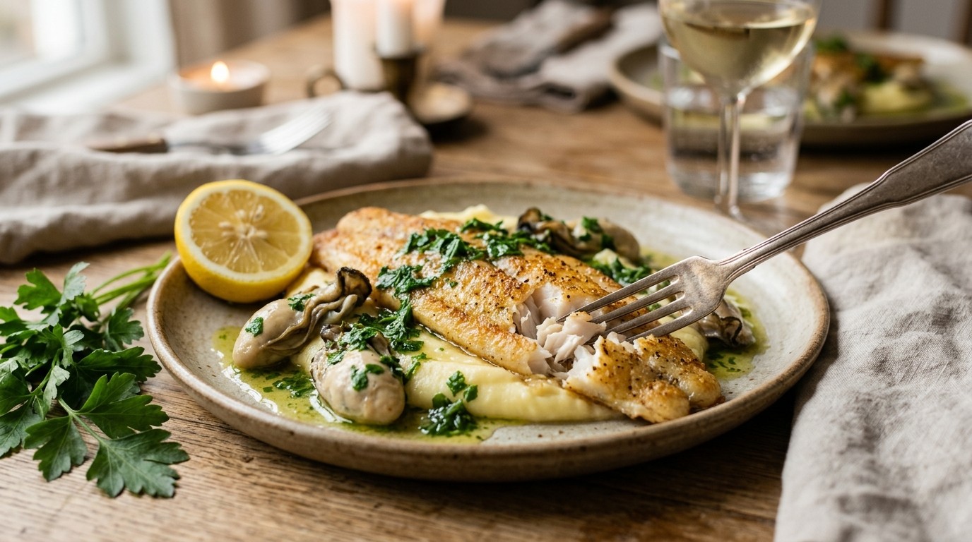Wijting met Aardappelpuree, Oesters en Peterseliesaus