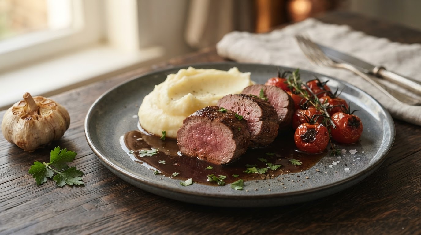 Wildzwijnmedaillons met aardappelpuree en geroosterde tomaten