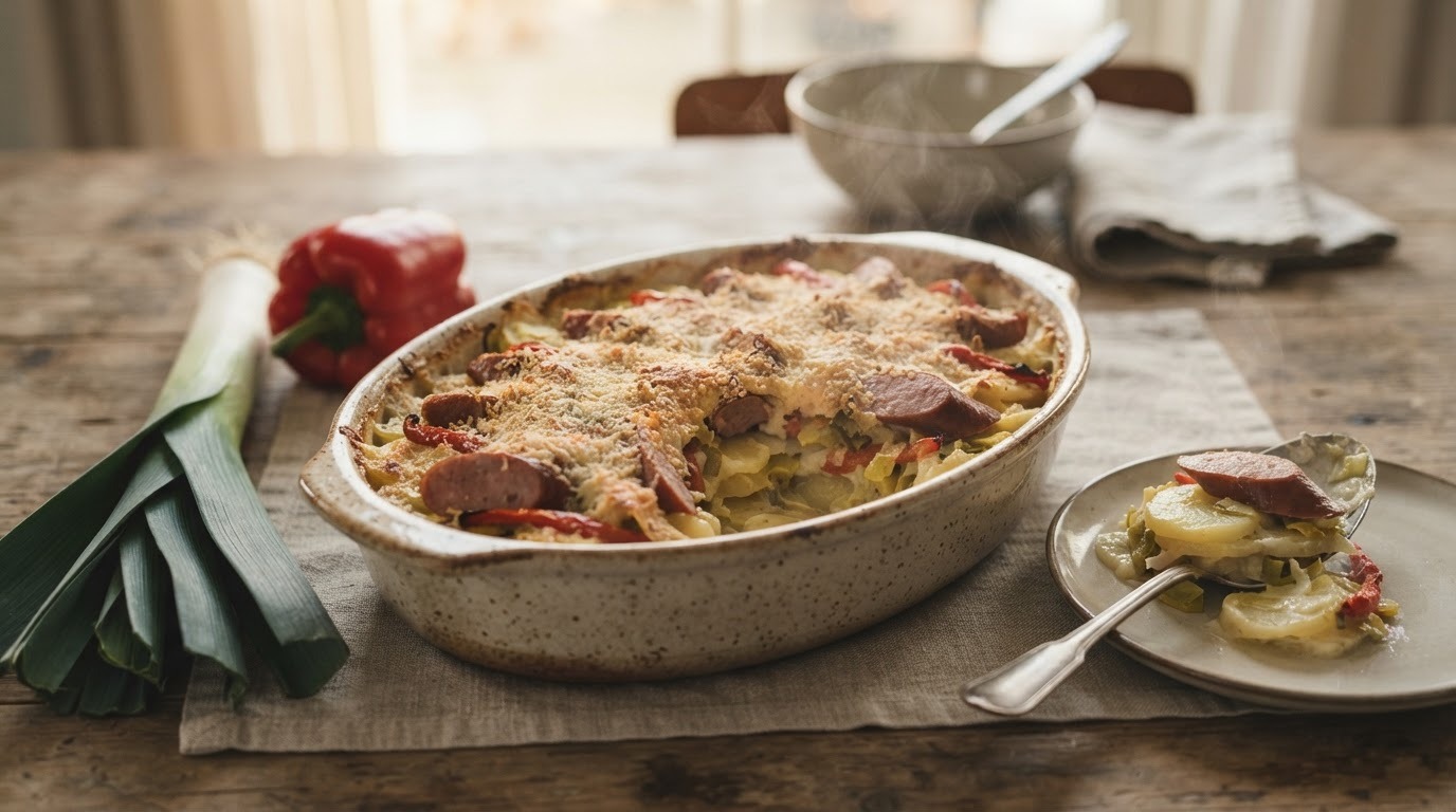 Winterse aardappelschotel met prei