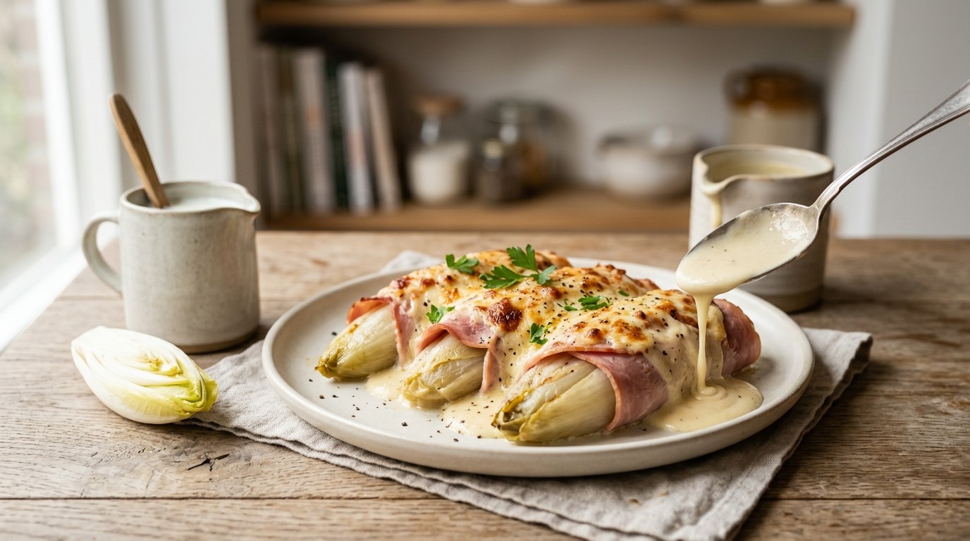 Witlof met kaassaus en ham