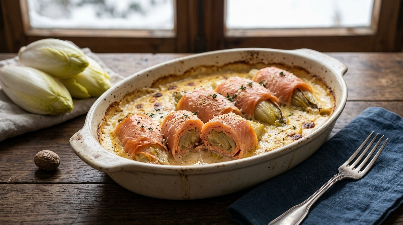Witlof-Zalm Rolletjes in Kaassaus