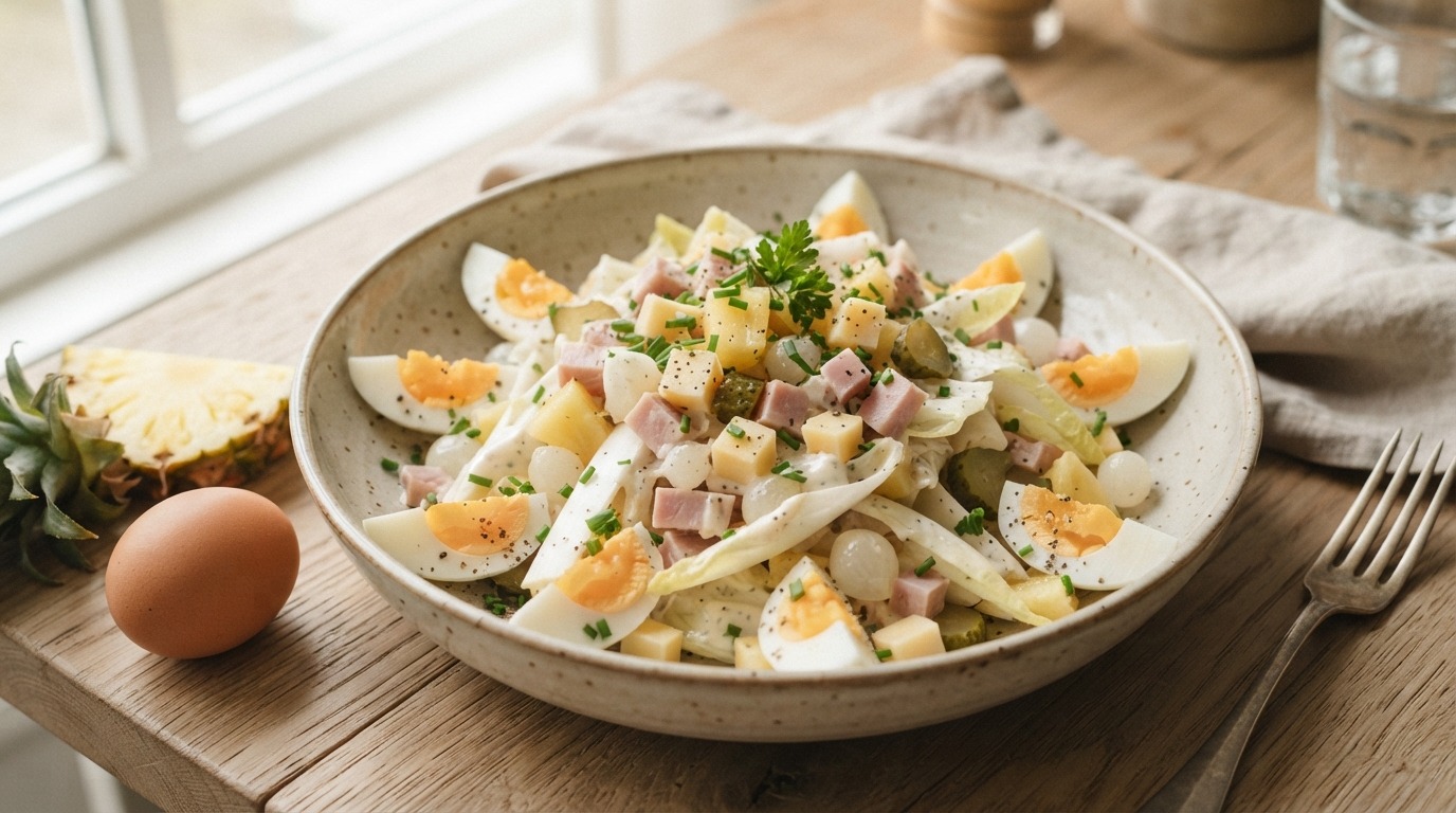 Witlofsalade met kaas, ham, ananas en ei