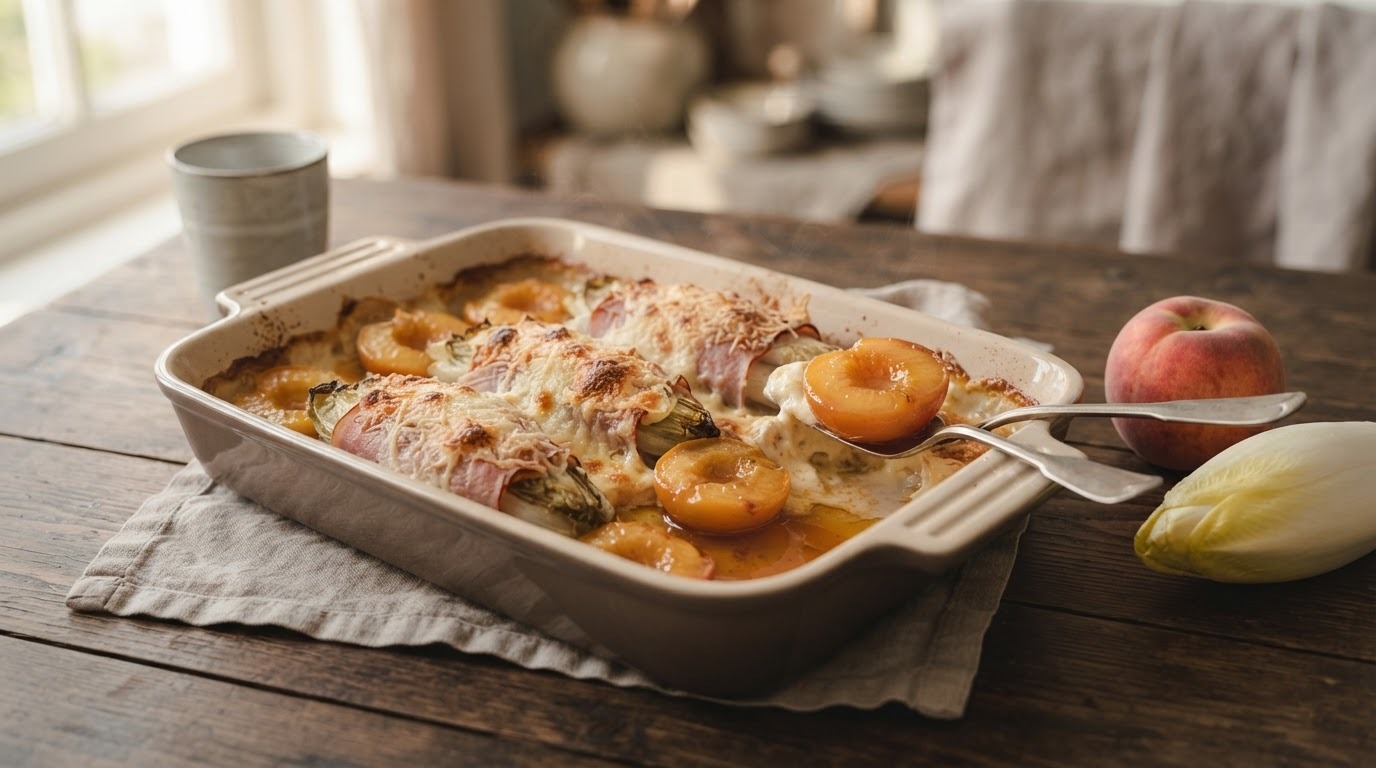 Witlofschotel met perziken en creme fraiche