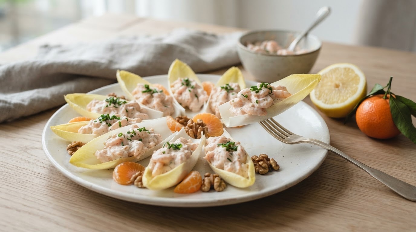 Witlofschuitje met garnalensalade