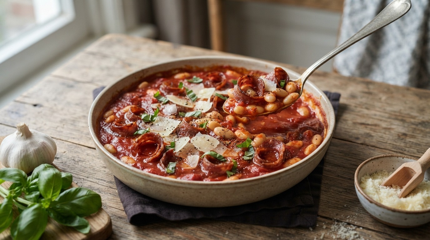 Witte bonen in tomatensaus met salami