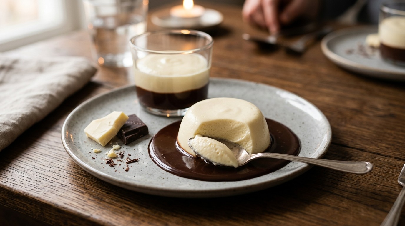 Witte Chocolademousse met Bruine Chocoladesaus