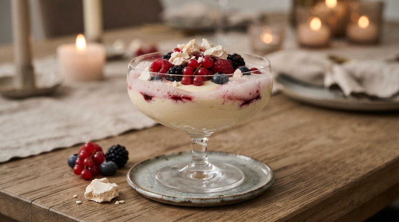 Witte chocolademousse met rood fruit en schuim