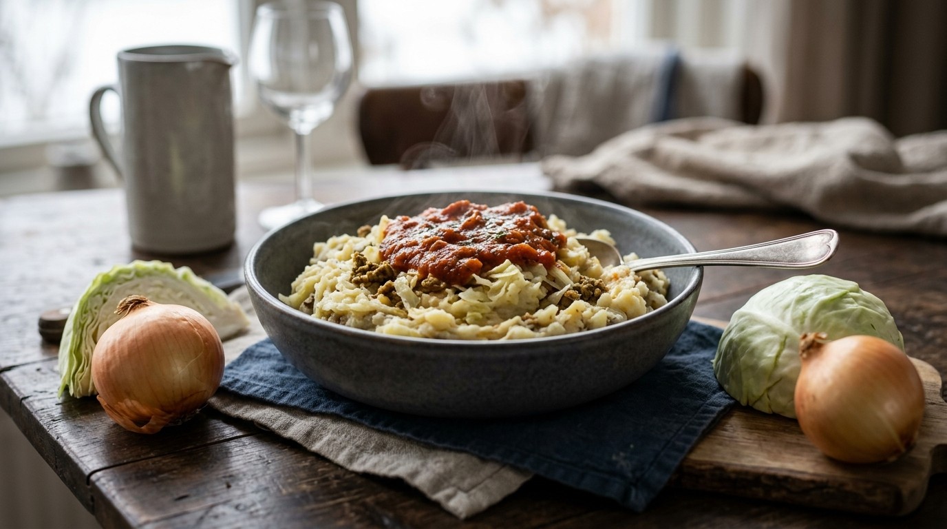 Witte Koolstamppot met Gehakt en Spagheroni