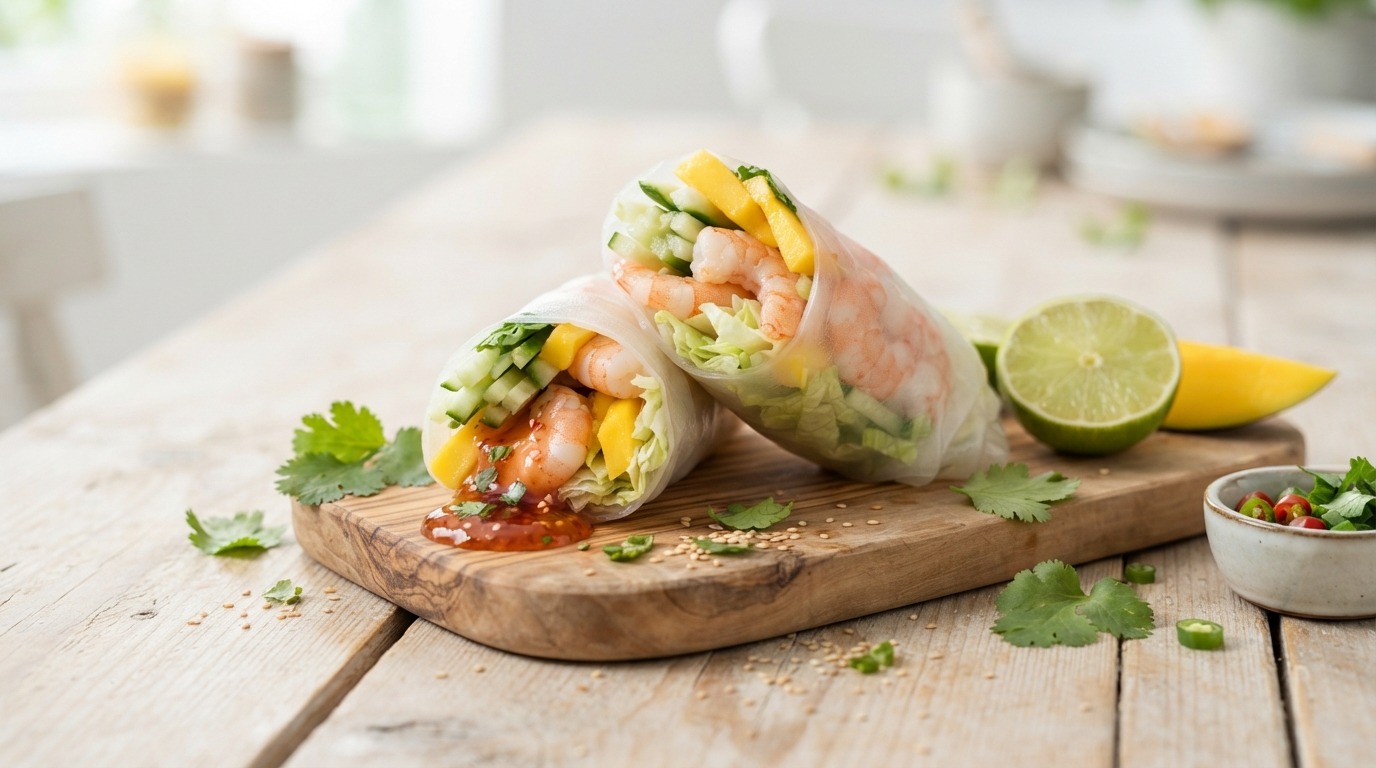 Wraps met garnalen, mango en chillisaus