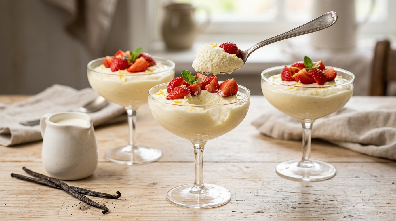 Yoghurt-citroenmousse met aardbeien