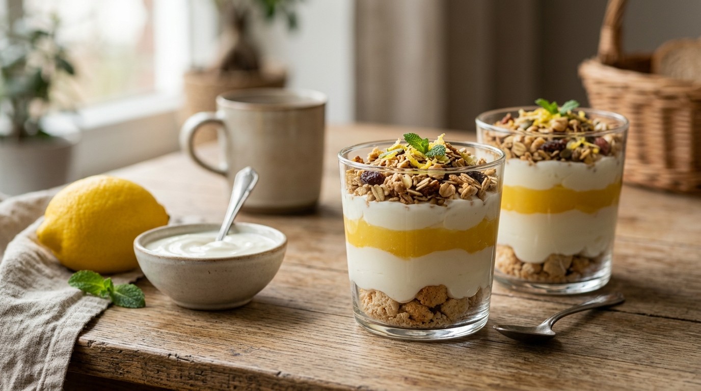 Yoghurt-lemoncurdtrifle met Cruesli