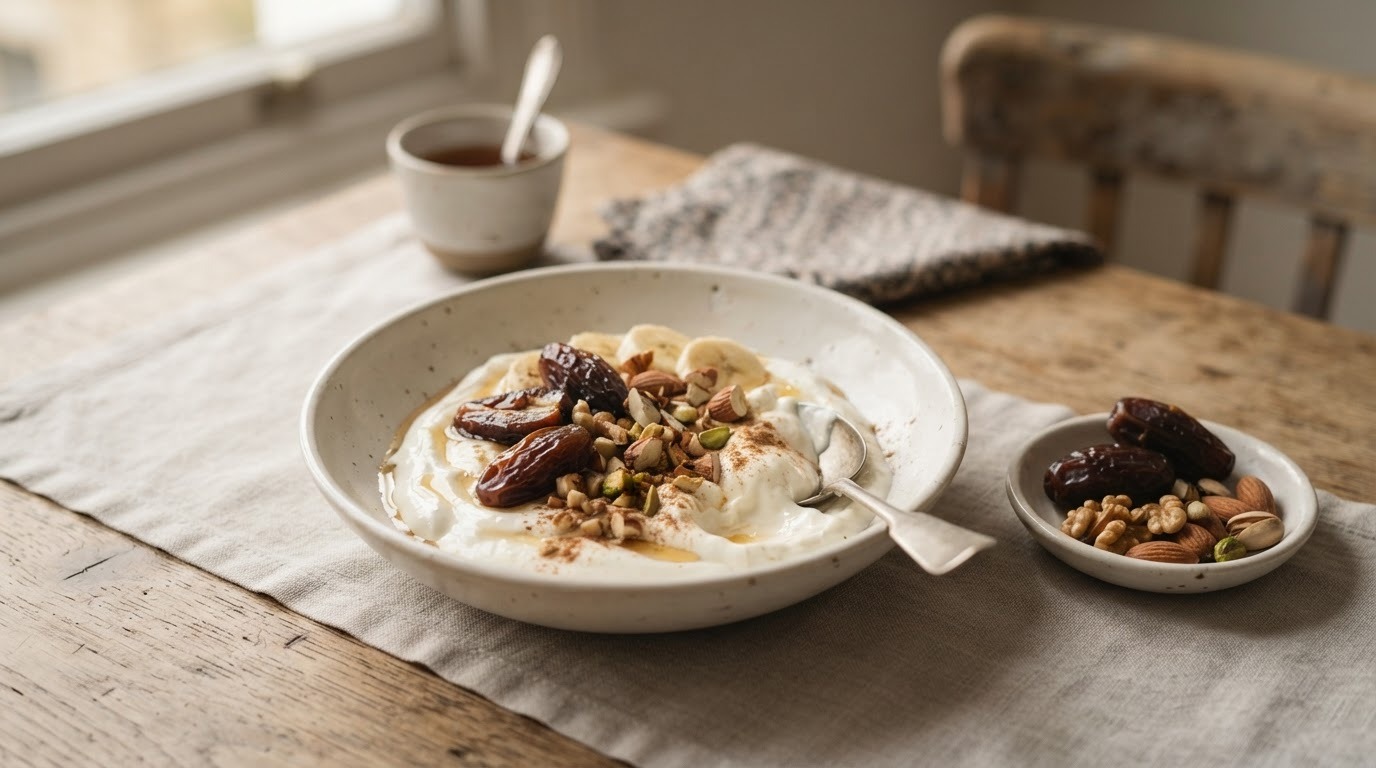 Yoghurt met dadels, bananen en noten