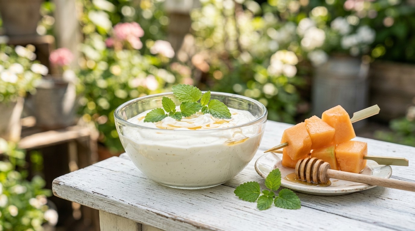 Yoghurtcrème met meloenspiesjes