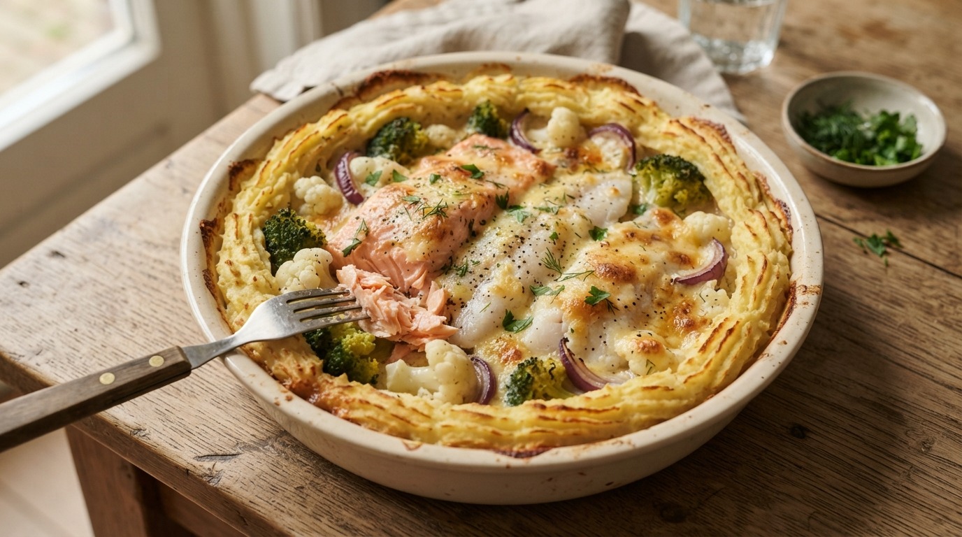 Zalm en pangasius met groenten uit de oven