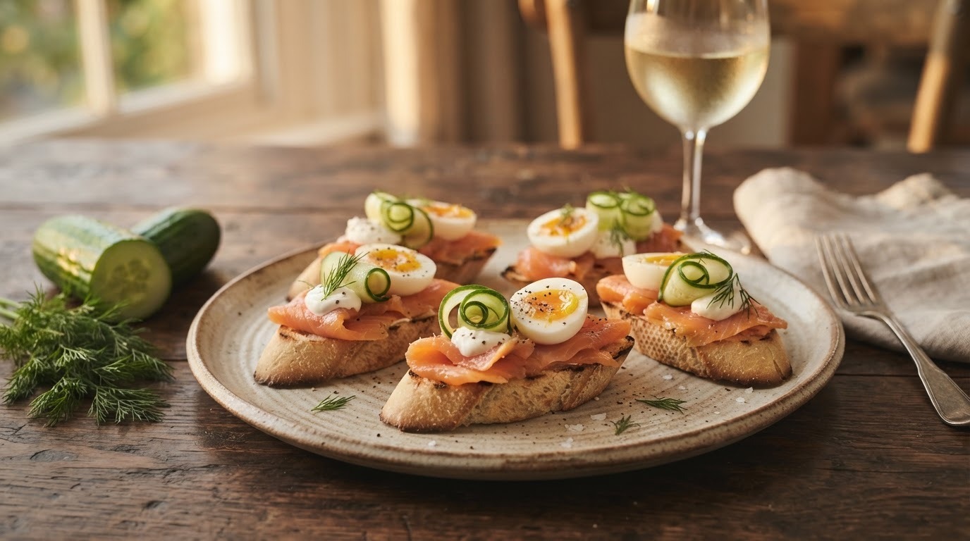 Zalm gerookt met ei en komkommer