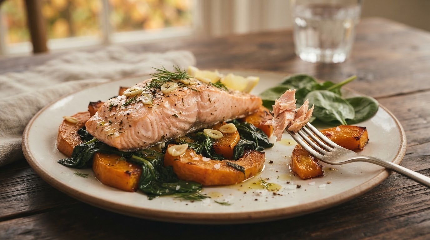 Zalm met pompoen en spinazie