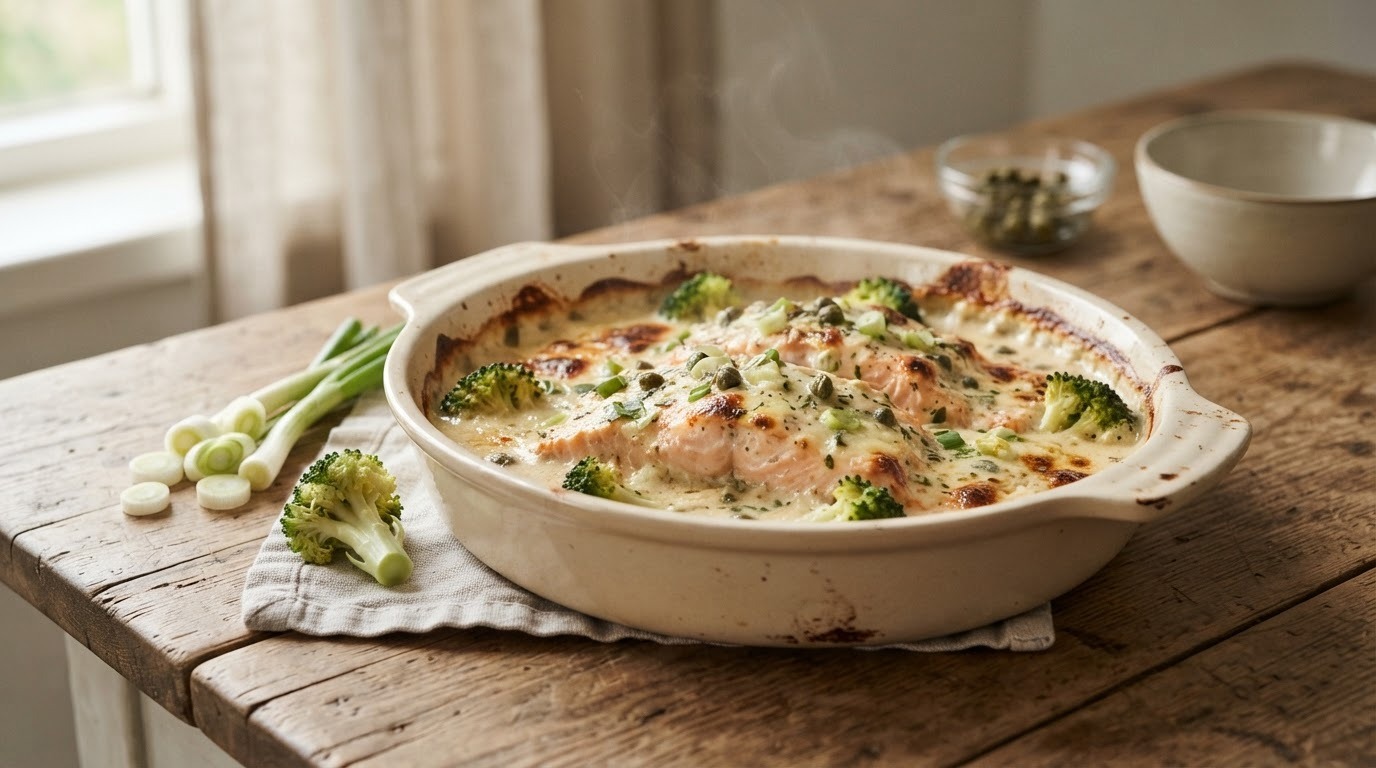 Zalm met slagroom en bosui uit de oven