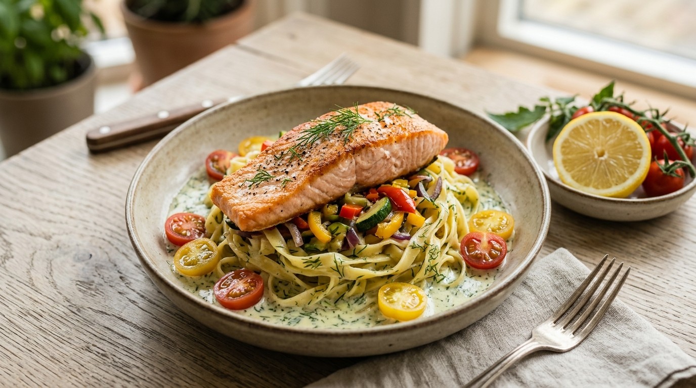 Zalm met Tagliatelle in Dillesaus