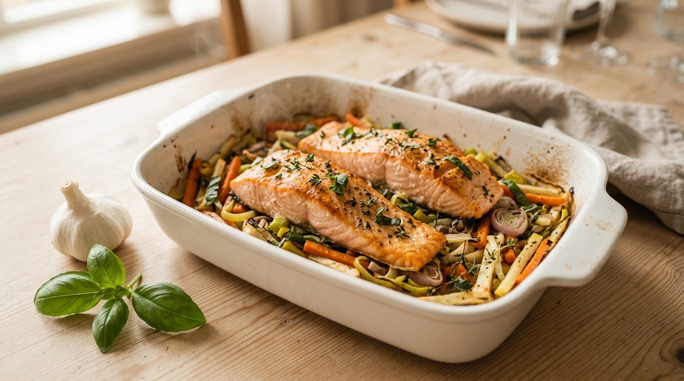 Zalm op groenten in de oven
