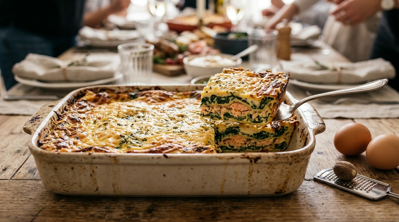 Zalm-spinazie lasagne voor buffet