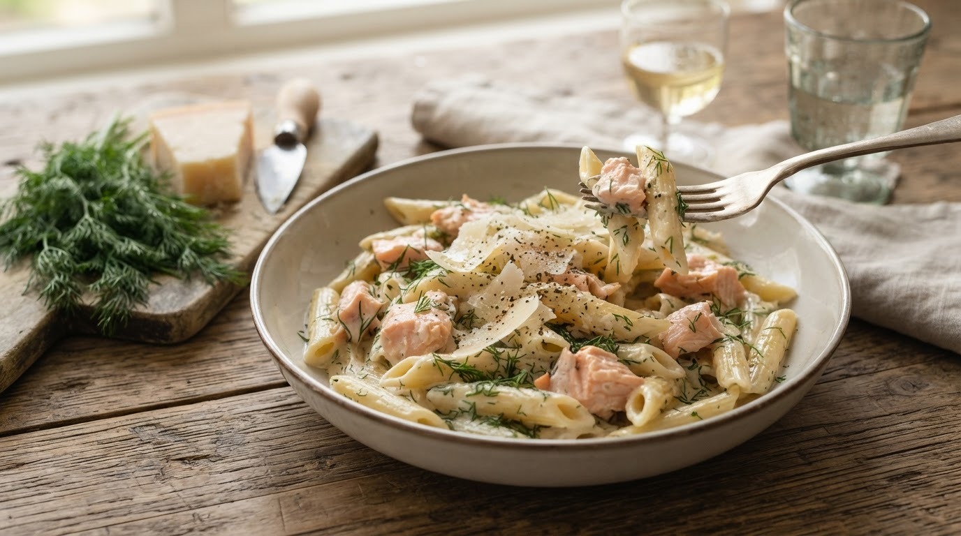 Zalmcarbonara met dille