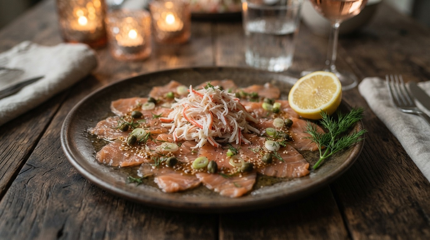 Zalmcarpaccio met krabsticks