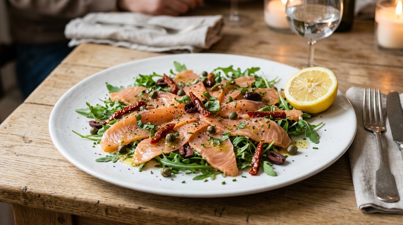 Zalmcarpaccio op een Bedje van Rucola