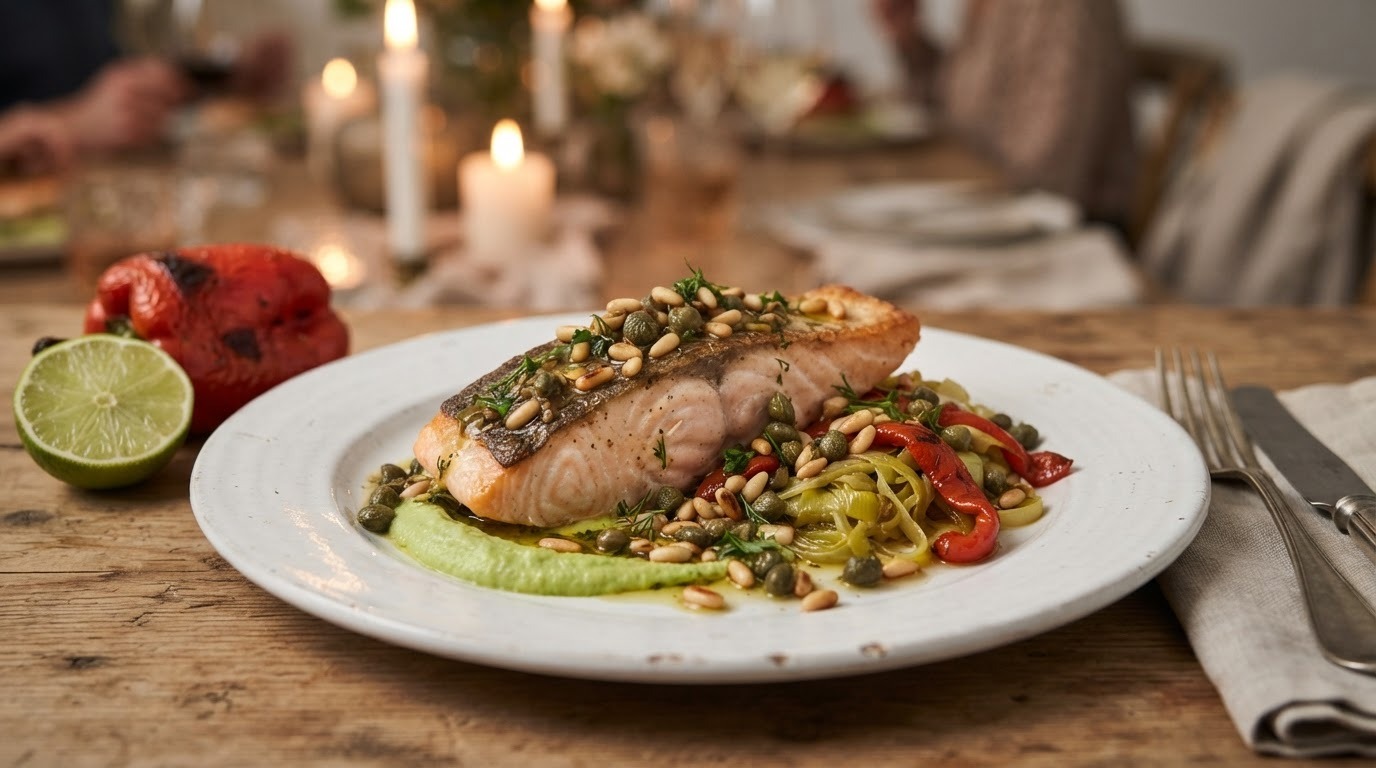 Zalmfilet met een dressing van kappertjes en pijnboompitten,prei,limoenpuree en rode paprika