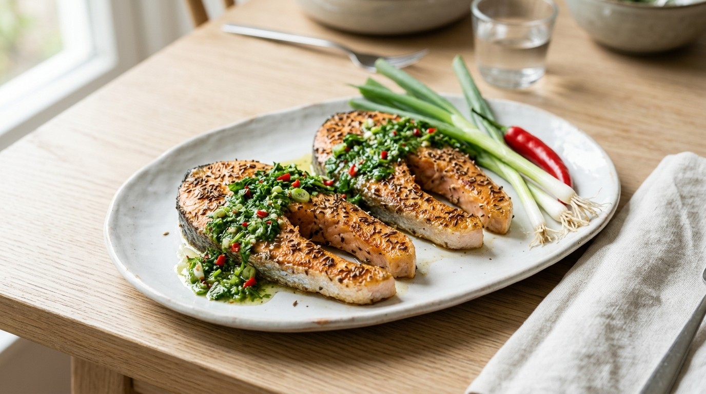 Zalmmoten met koriandersaus