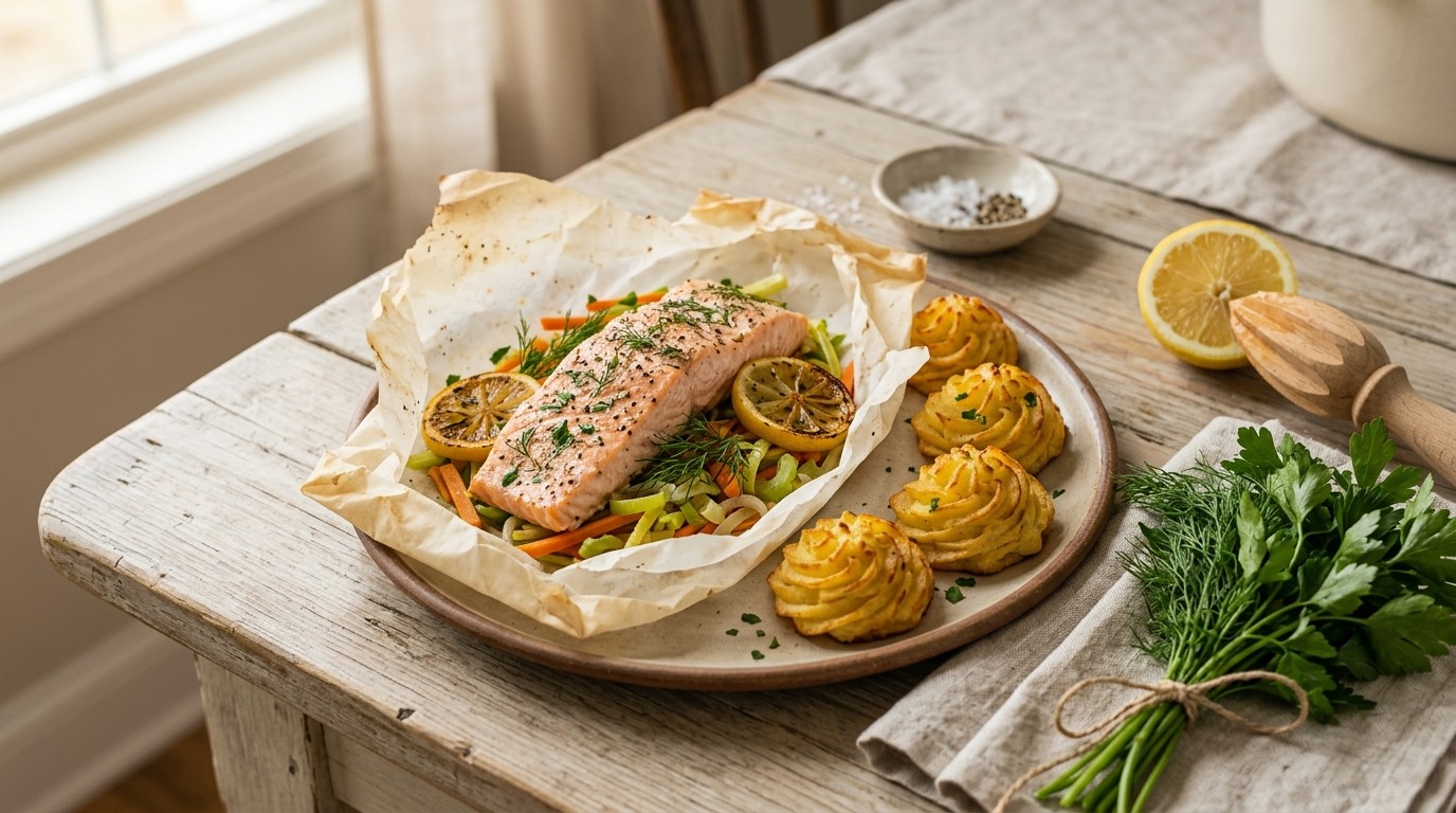 Zalmpakketje uit de Oven met Pommes Duchesses