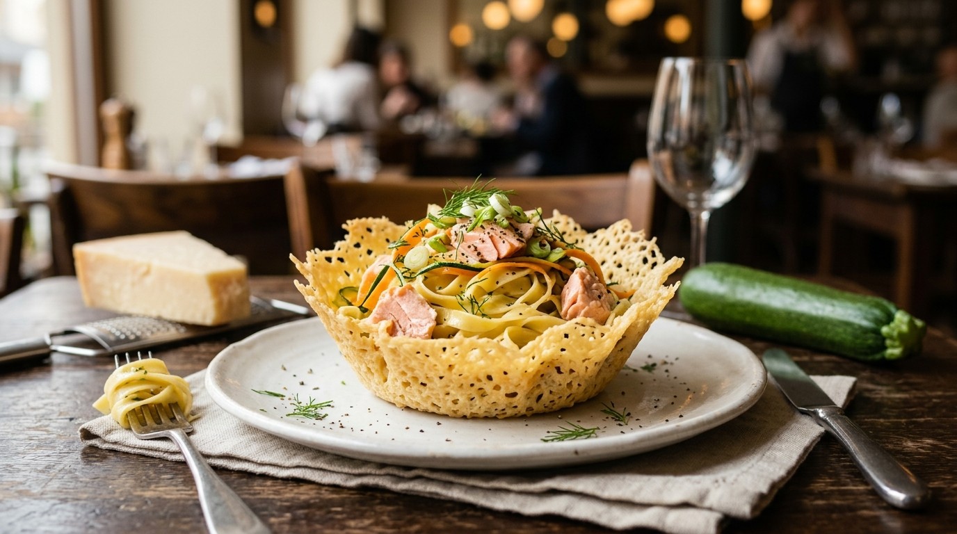 Zalmpasta in een parmezaanmandje