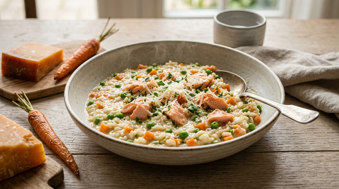 Zalmrisotto met Tuinerwten en Wortel
