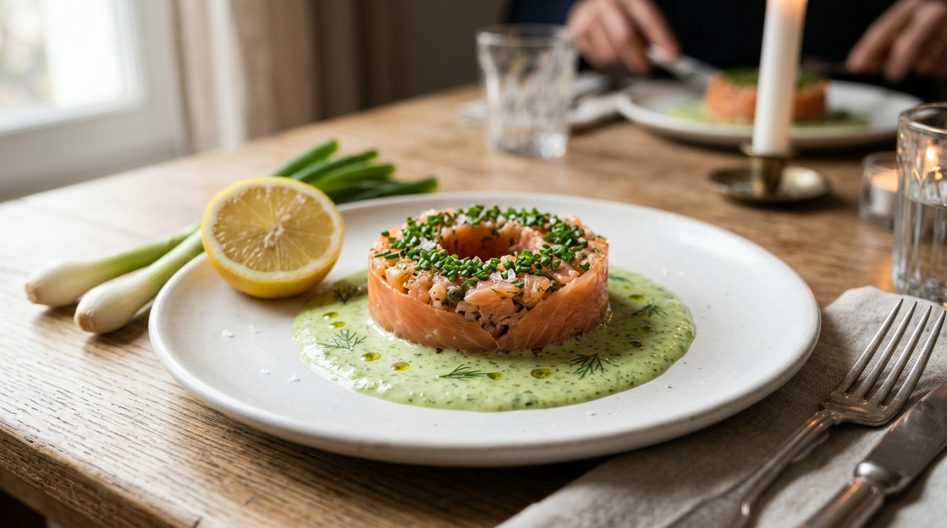 Zalmtartaar met komkommersaus
