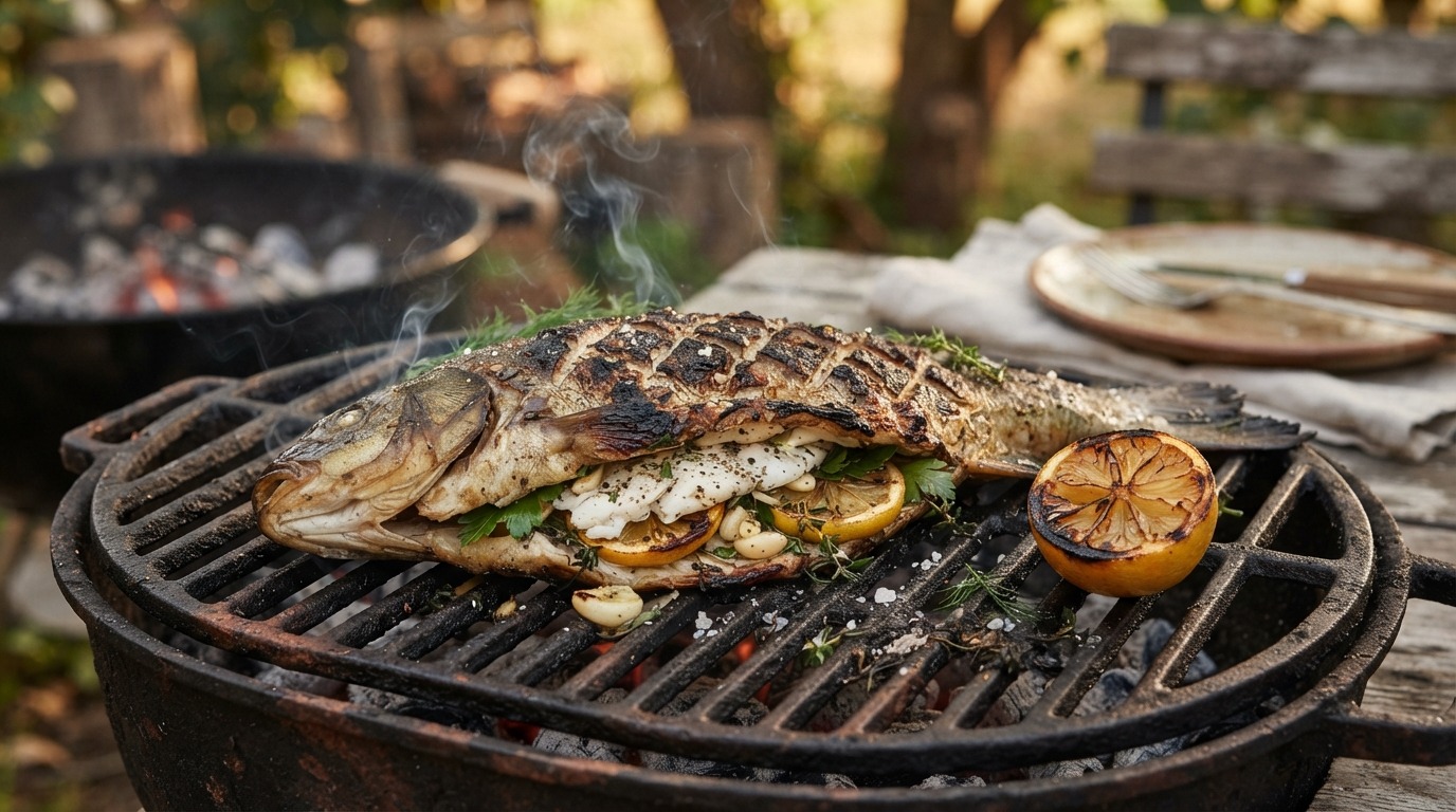 Zeelt met knoflook op de BBQ