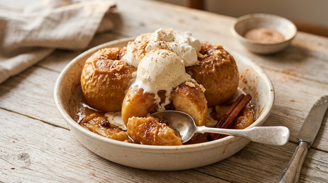Zoete appeltjes met vanille-ijs en slagroom