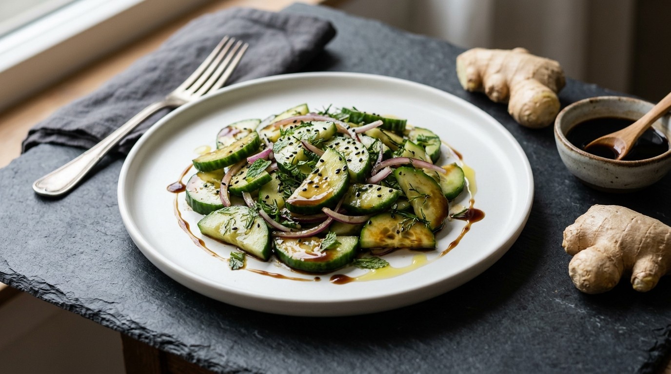 Zoete komkommersalade met gembersiroop