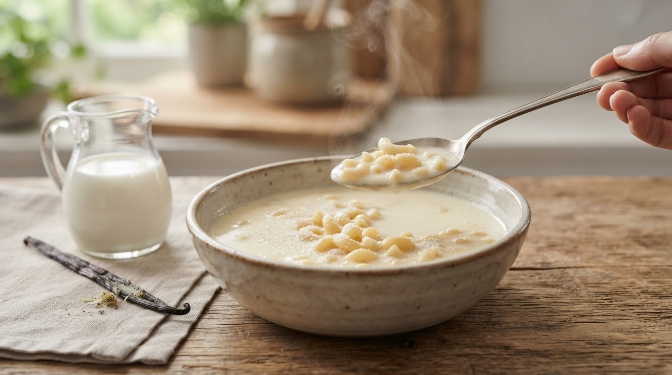 Zoete melksoep met pasta en vanille