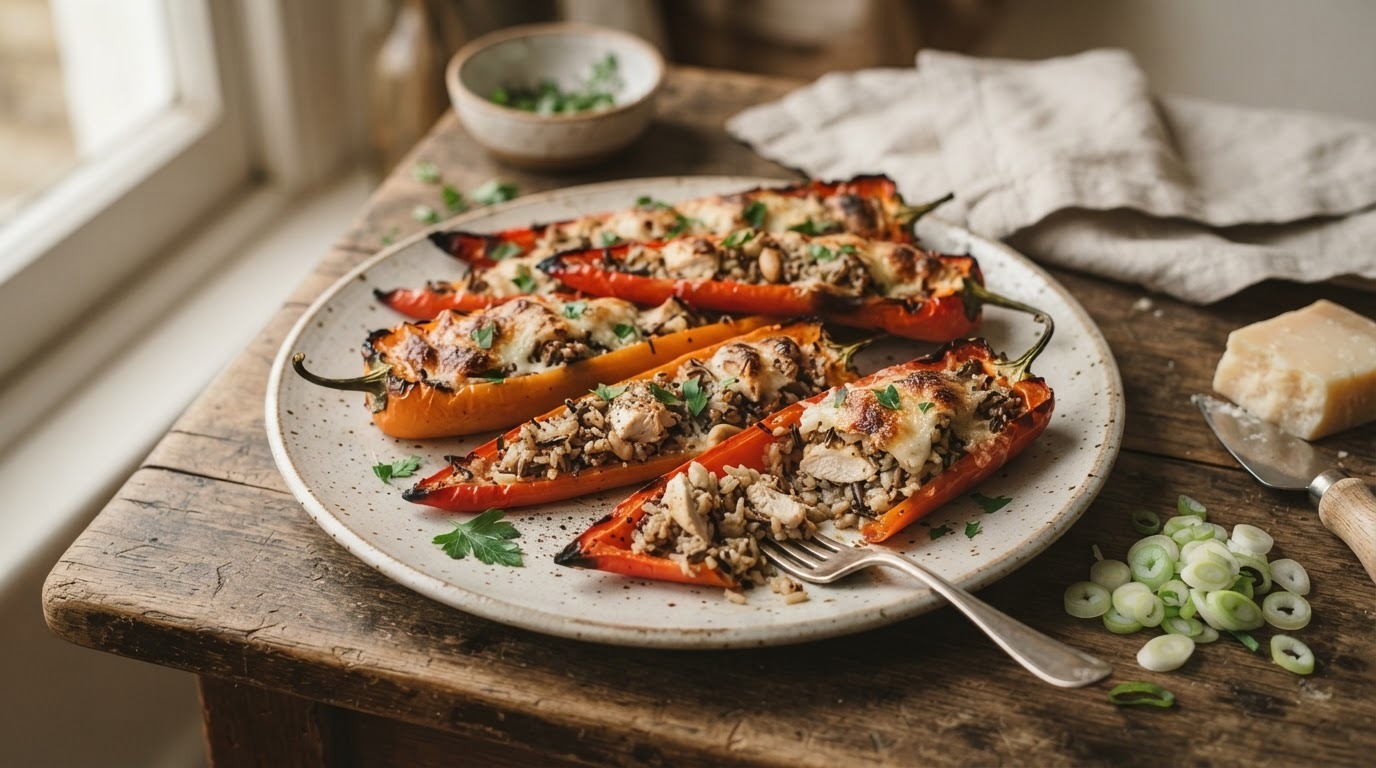 Zoete rode puntpaprika, gevuld met kip en notenrijst
