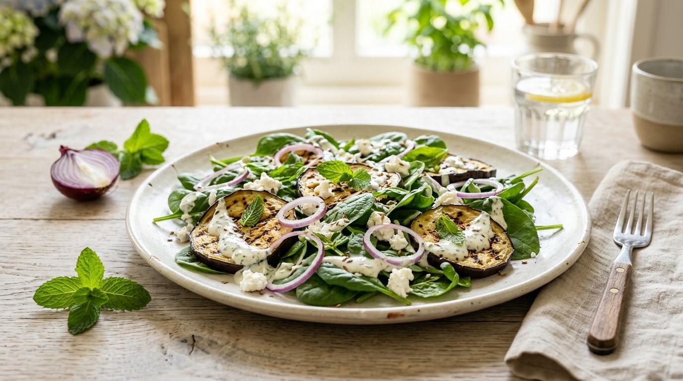 Zomersalade met spinazie en aubergine
