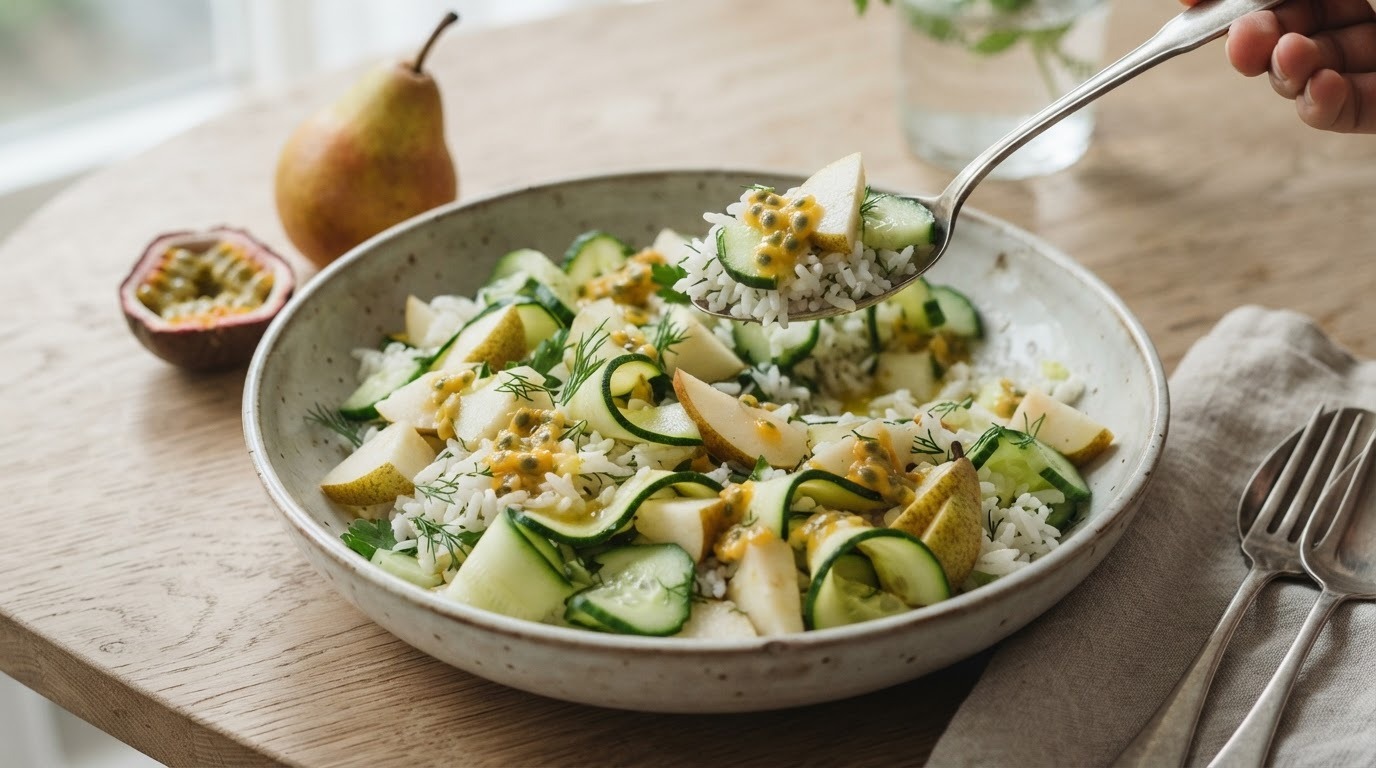 Zomerse salade met rijst, groenten en fruit