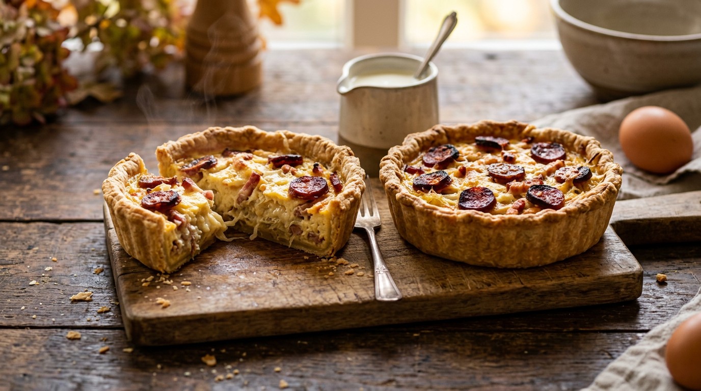Zuurkoolquiches met uitgebakken spekjes en chorizo