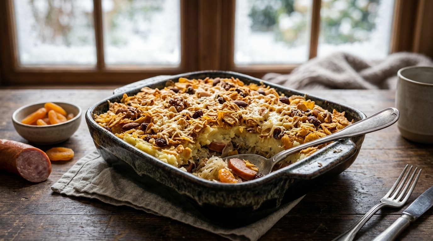 Zuurkoolschotel met een krokant dakje van noten