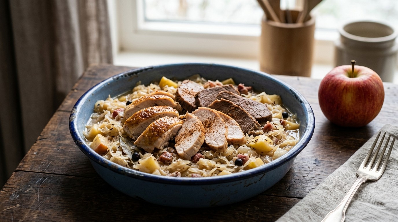 Zuurkoolschotel met restjes vlees