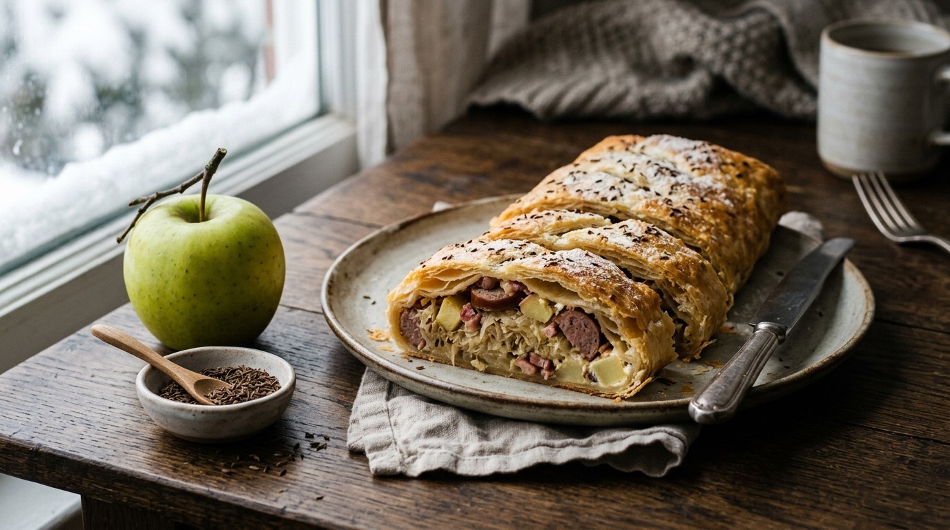 Zuurkoolstrudel met Appel en Runderworst