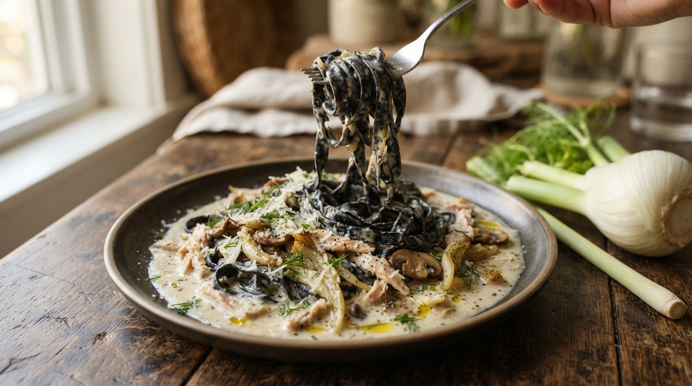 Zwarte pasta met venkel-roomsaus