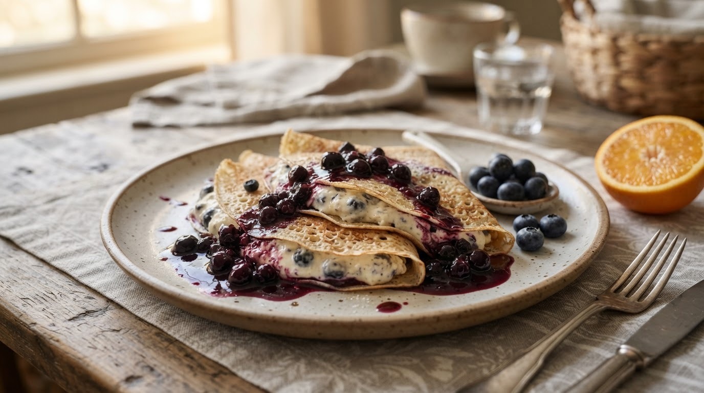 "Magere"crèpes met Blauwebessenvulling recept "Magere"crèpes met Blauwebessenvulling recept