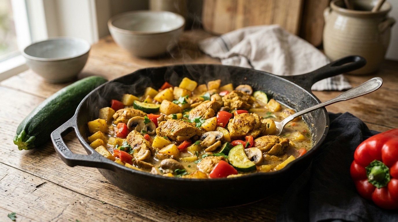 1 Pans Gerecht met Kipfilet, Paprika, Aardappel en Courgette