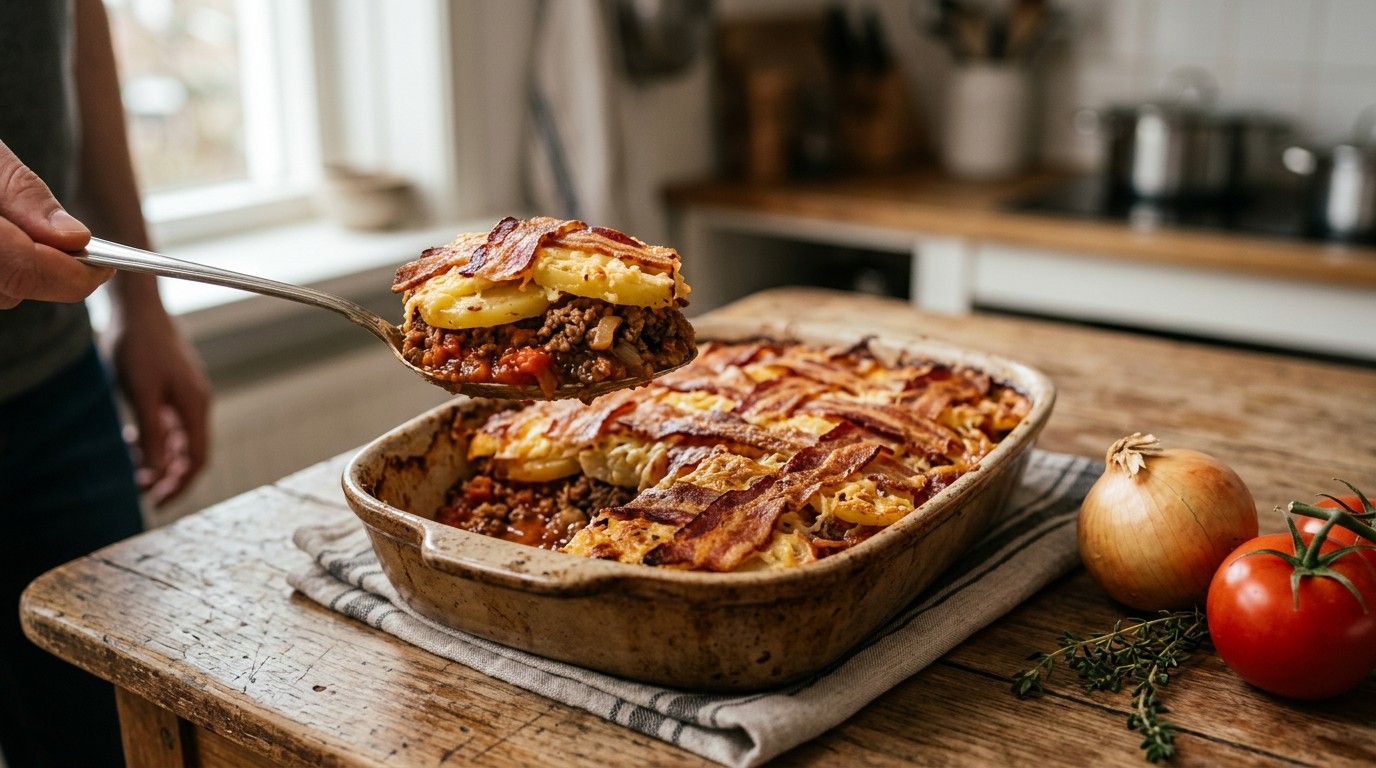 Aardappel-gehaktschotel met Spekkorst